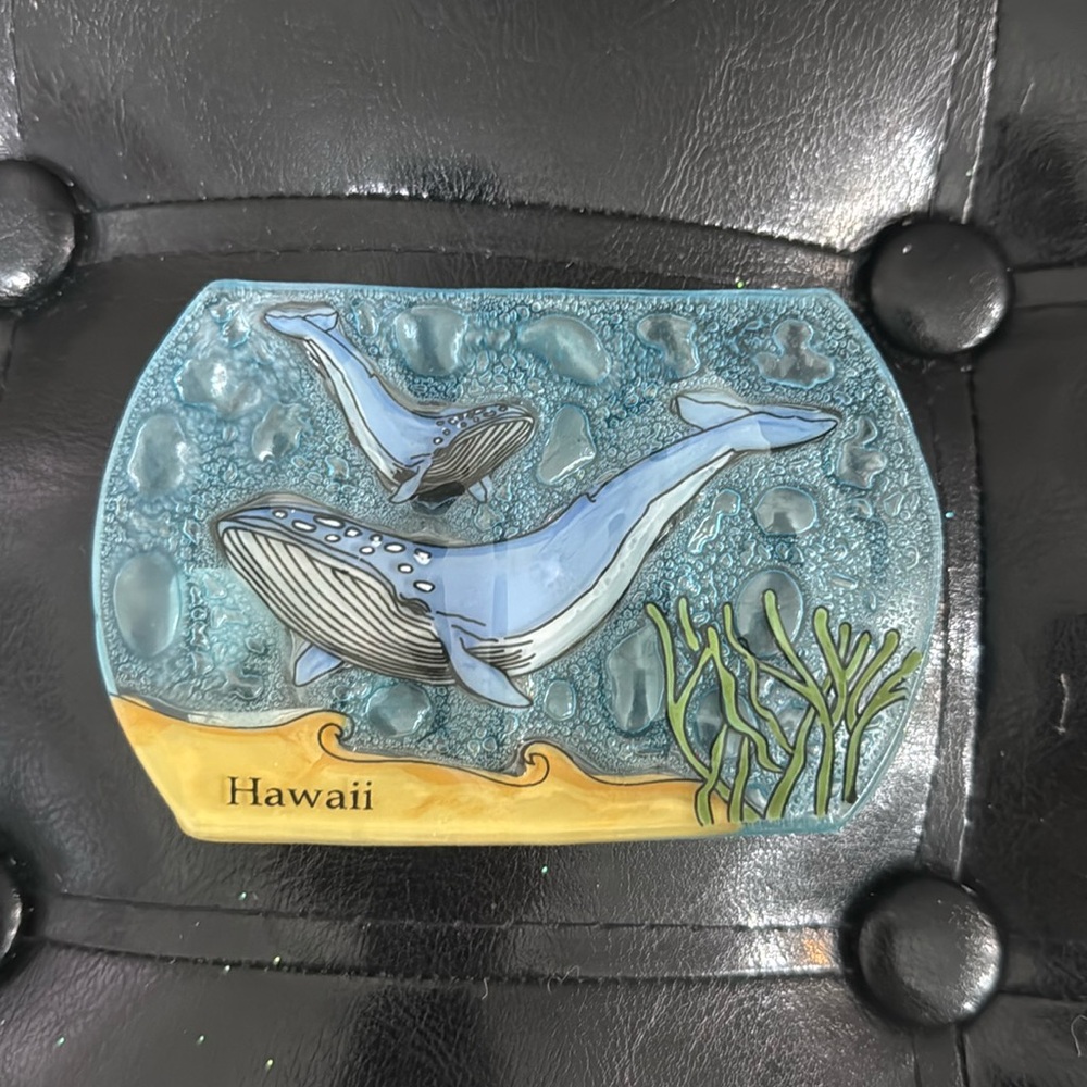 Mama & Baby Blue Whale Glass Mini Jewelry Trinket Tray Dish From Hawaii
